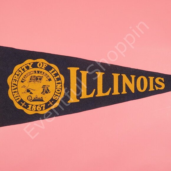 Vintage University of Illinois Pennant Blue Orange Felt 28" x 10.5" 1940s - Picture 3 of 4